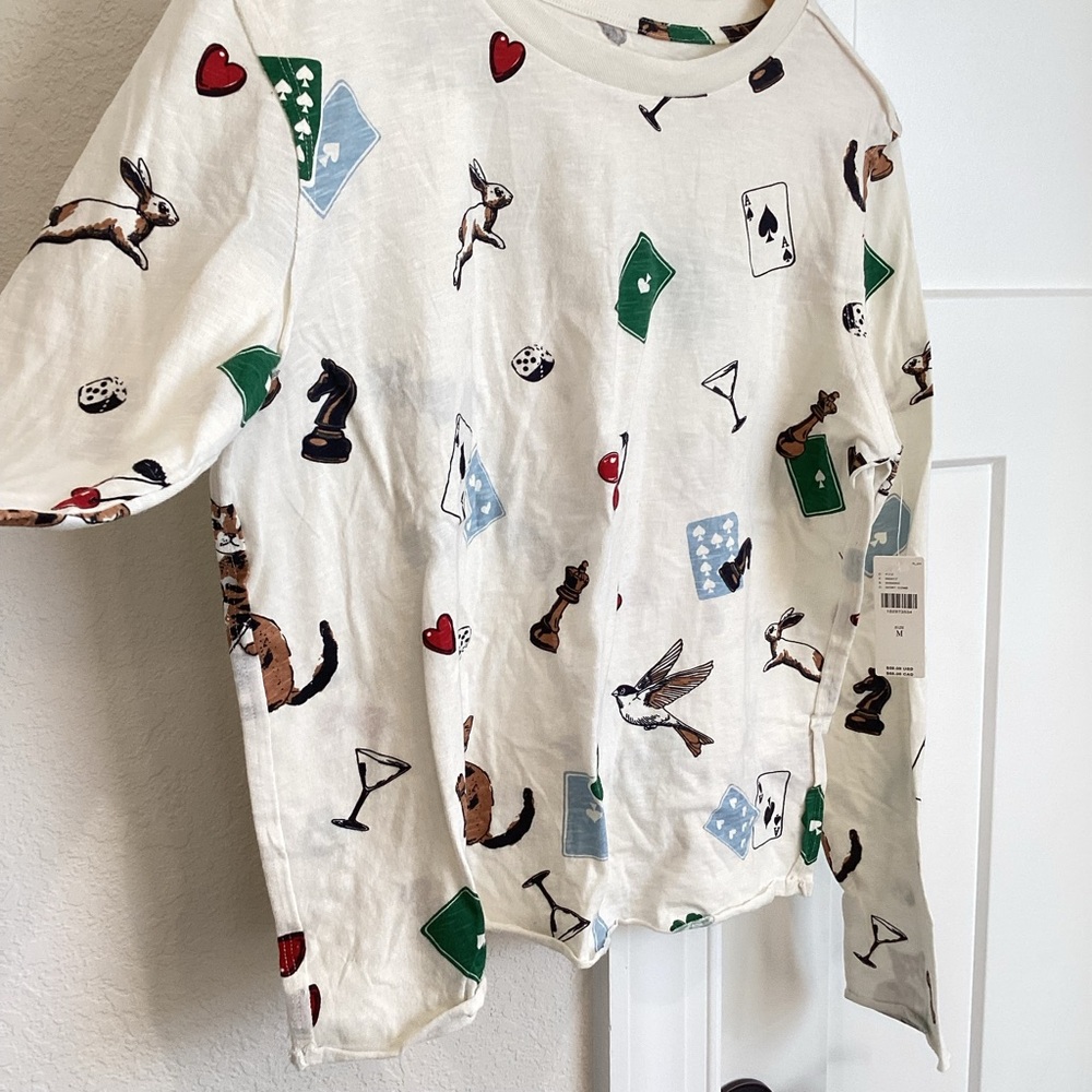 ♠️Anthropologie Caitlyn Long Sleeve Boxy Tee Maeve New Medium Cat Bird Ace Bunny - Picture 9 of 16